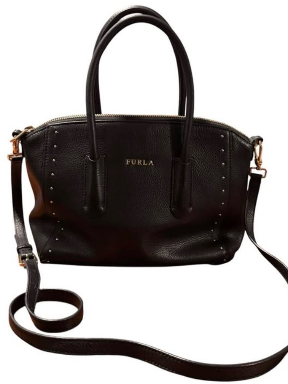 Furla Black Pebbled Leather Satchel/ Crossbody with Gold Hardware